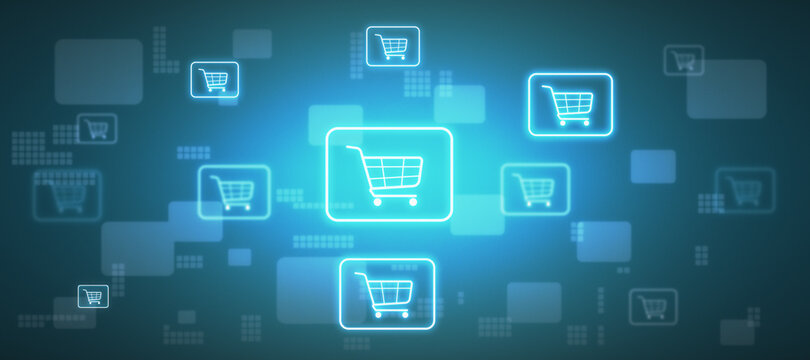 Purchase online concept with glowing digital shopping cart icons on abstract blue background