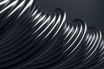 Black spiral pattern made of multiple wires on a black background closeup. Wallpaper and background presentation design concept, 3d rendering