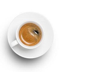Top view of Hot Coffee in white cup and plate on white background.
