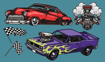 Custom cars colorful vintage concept