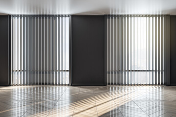 Empty stylish office room with sunlight on wooden floor through blinds on windows and dark wall - Powered by Adobe