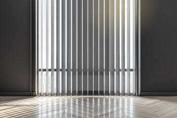 Sunny empty room with wooden floor, blinds on big windows and dark wall