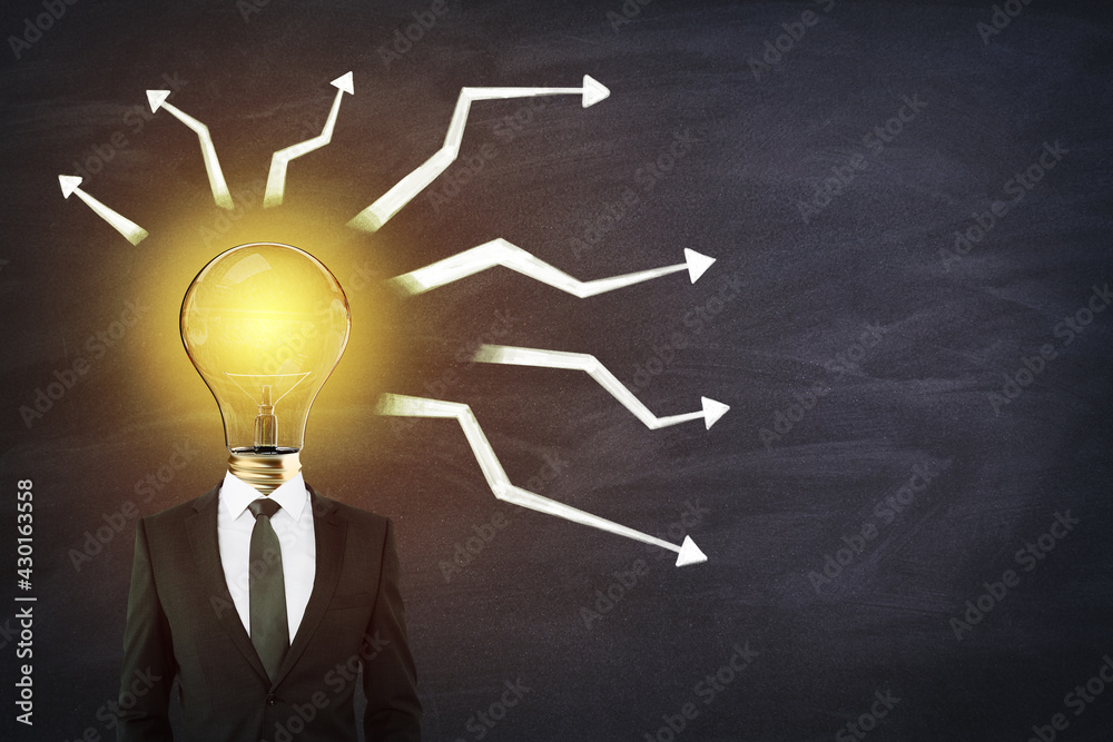 Poster Brainstorming and idea cocnept with businessman with glowing light bulb instead of head and arrows directed from it on dark background
