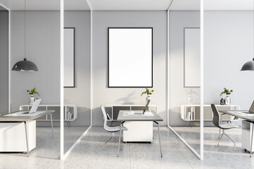 Obraz na płótnie Canvas White poster on stylish office wall with copyspace above workplace on marble floor and glass walls. 3D rendering, mock up