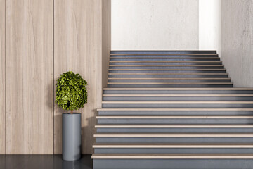 Stylish black eco stairs with wooden decoration near light wooden wall and plant in flowerpot