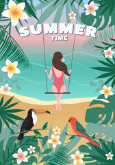 Summer time card with a girl on a swing, beach landscape, tropical leaf frame. Vacation and travel concept.