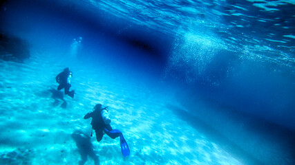 scuba divers people swim on the seabed