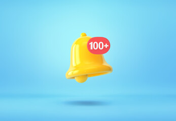 Yellow notification bell with one hundred new notification on blue background