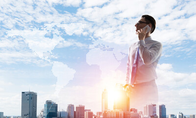 Concept of business success and control with confident boss against cityscape background