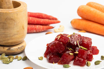 Ayurvedic Gajar Ka Murabba Or Gazar Murba Is Carrot Jam Made Of Carrots, Sugar Syrup And Bee Honey Shahad Madhu. It Can Be Preserved And Stored. Isolated On White Background