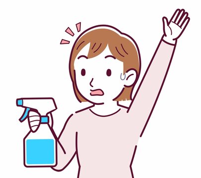 woman with spray bottle, surprised, raising hand clip art preview