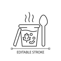 Takeaway soups linear icon. Liquid food with meat and vegetables. Broth, cream, chowder. Thin line customizable illustration. Contour symbol. Vector isolated outline drawing. Editable stroke