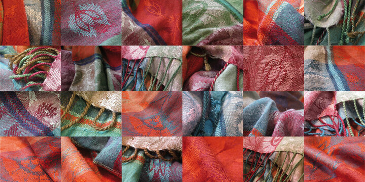patchwork of colorful jacquard woven fabric