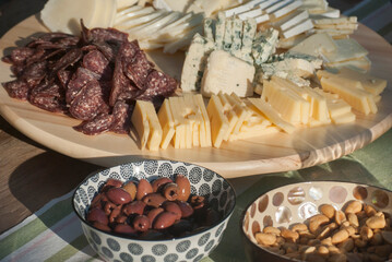 Wooden plateau with different types of cheese and sausages as homemade appetizer