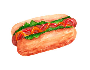 Hot dog isolated on a white background. Eat What You Want Day. The illustration is hand-drawn in watercolour. For stickers, posters, and your other designs.