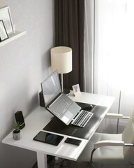 Work home place with sit-stand table. Remote job in cozy place