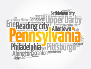 List of cities in Pennsylvania USA state, map silhouette word cloud map concept background