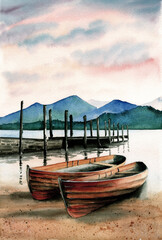 Watercolor illustration of two wooden fishing boats near a pier on the lake with distant mountains on the horizon