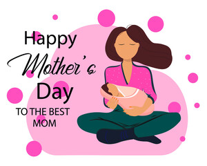 Happy Mother`s Day Greeting Card. Vector Illustration Of Mother Holding Baby In Arms.