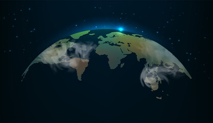 View earth from space drawing vector illustration. Night blue futuristic background with planet Earth and night lights. 