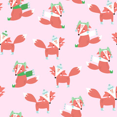 Seamless festive pattern with cute cartoon foxes. Vector holiday background
