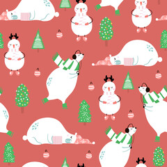 Seamless festive pattern with cute cartoon bear and snowman. Vector holiday background
