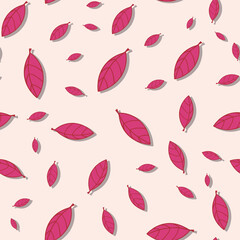 Vector seamless repeat pattern print with red shadow leafs on peach background