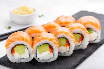 Sushi roll set with salmon, avocado and Philadelhia. Sushi menu. Japanese food.