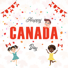 Happy Canada Day design with flag, leaf and kids. Vector illustration.