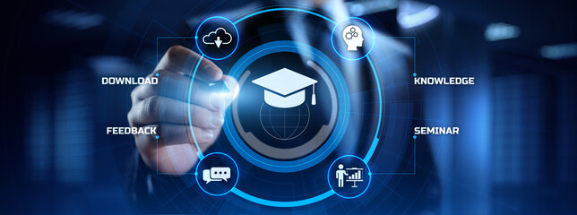 E-learning Online learning distance education concept. Businessman pressing button on screen