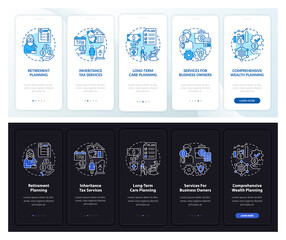 Prosperity manage onboarding mobile app page screen with concepts. Retirement plan walkthrough 5 steps graphic instructions. UI, UX, GUI vector template with linear night and day mode illustrations