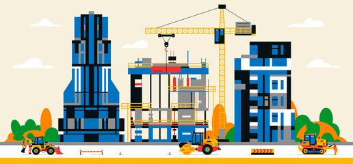 Construction site in the city between city buildings. Building under construction and service equipment. Heavy machinery, commercial vehicles, crane, houses, buildings. Vector illustration.