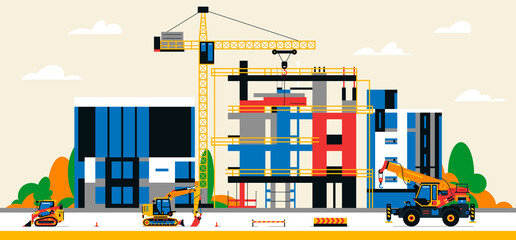 Construction site in the city between city buildings. Building under construction and service equipment. Heavy machinery, commercial vehicles, crane, houses, buildings. Vector illustration.