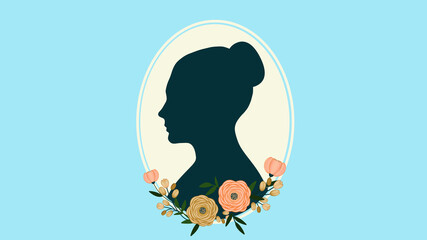 female silhouette in profile on a white oval background framed by a flower arrangement on a blue background
