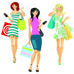 A girl in a dress with a bag and shopping. The blonde. A brunette. Brown hair. A young woman. A fashionista. In a white dress with green leaves. With a phone.