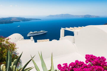 White architecture on Santorini island, Greece. Summer landscape, sea view. Famous travel...
