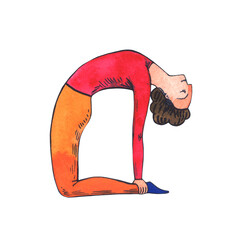 Camel yoga position - exercize for the back. Iolated element on white background. Watercolor illustration.