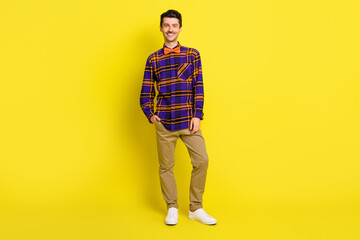 Fototapeta premium Photo of guy hand pocket beaming smile look camera wear bow tie plaid shirt isolated yellow color background