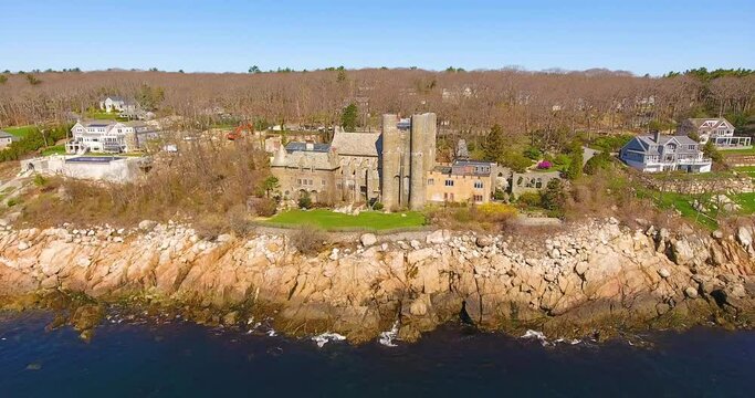 Aerial view of Hammond Castle in village of Magnolia in city of Gloucester, Massachusetts MA, USA. This building was built in 1926 on the coast of Gloucester Harbor.