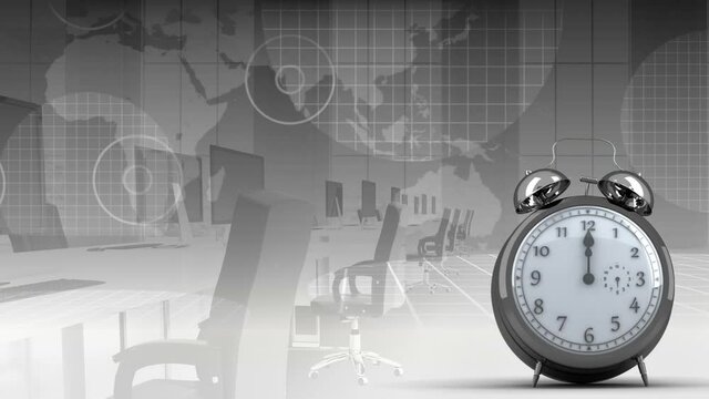 Animation of clock moving fast over meeting room and world map on grey background