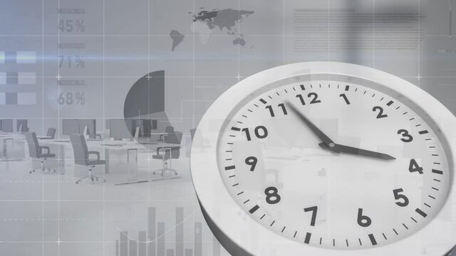 Animation of clock moving fast over meeting room and financial data processing on grey background