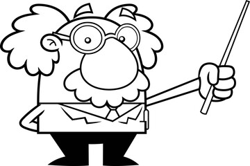 Outlined Funny Science Professor Cartoon Character Holding A Pointer Stick. Vector Hand Drawn Illustration Isolated On Transparent Background