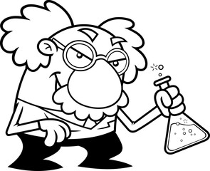 Outlined Crazy Science Professor Cartoon Character Holding Flask Solvent. Vector Hand Drawn Illustration Isolated On Transparent Background