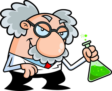 recommend clip art: Crazy Science Professor Cartoon Character Holding Flask Solvent. Vector Hand Drawn Illustration Isolated On Transparent Background
