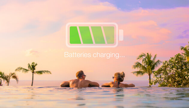 Couple relaxing on vacation, concept of taking a rest and charging your energy batteries