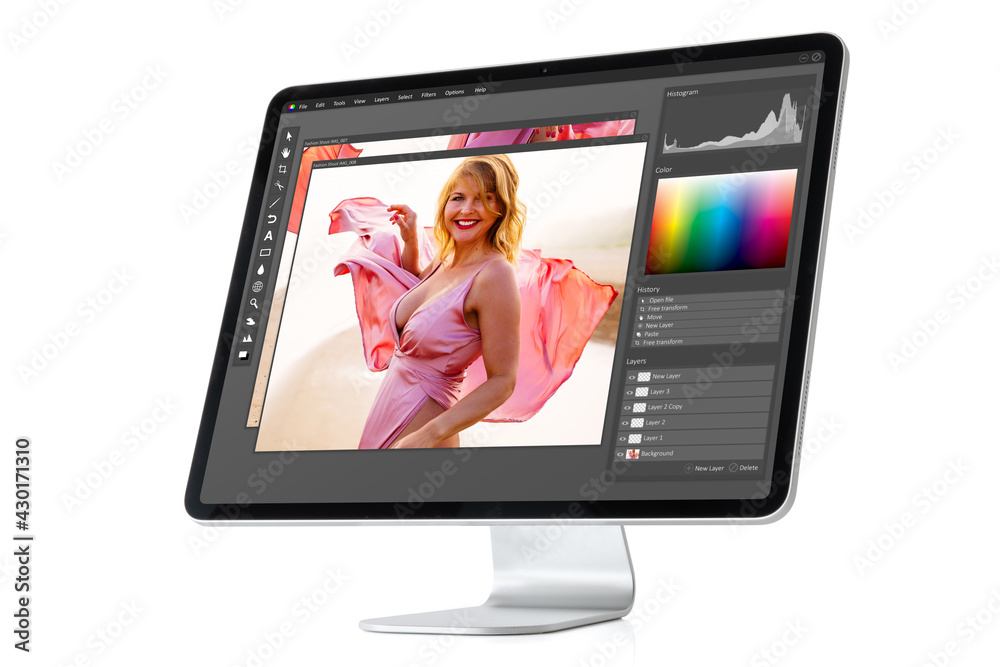 Wall mural modern computer with graphic editor software on screen, isolated on white