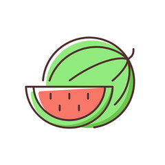 Obraz premium Watermelon RGB color icon. Serving fruit for picnic. Low-calorie treat. Body detoxification. Fighting dehydration. Providing vitamins and minerals. Seedless wedge. Isolated vector illustration