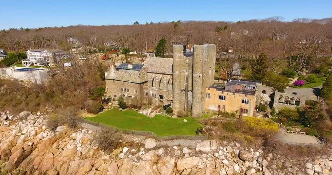 Aerial view of Hammond Castle in village of Magnolia in city of Gloucester, Massachusetts MA, USA. This building was built in 1926 on the coast of Gloucester Harbor.