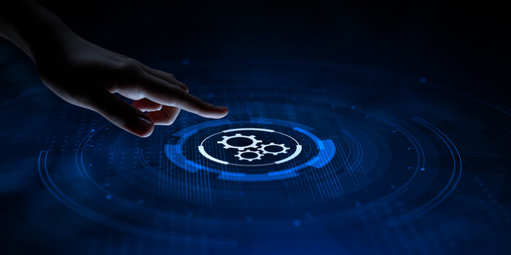 Automation RPA Workflow business industrial process optimisation. Innovation technology concept. Hand pressing button