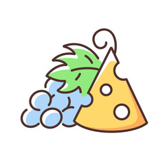 Cheese and grapes RGB color icon. Pairing fruit and cheese. Sweetness and saltiness combination. Companion for brandy and wine. Balance with rich and creamy dairy product. Isolated vector illustration